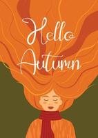 Autumn illustration with a cute red-haired girl in a jumper with a scarf. Vector design for postcard, poster, flyer, web and more