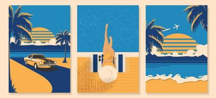 conjunto de carteles de verano en estilo retro con un camión, una playa y una chica cerca de la piscina. vector