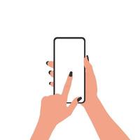 A woman hand holds a smartphone. Phone with a blank screen in a flat style on a white background. Vector