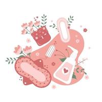 Flat menstrual design concept with feminine hygiene items and pads on pink background, vector