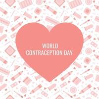 Square World Contraception Day postcard in a flat style with a seamless pattern and a heart. Birth control methods. Template for a social media post. Vector