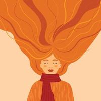 Autumn illustration with a cute red-haired girl in a jumper with a red scarf. Vector design for postcard, poster, flyer, web and more