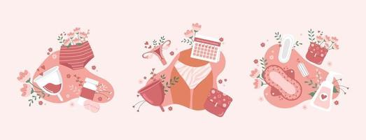 Flat menstrual design concept with feminine hygiene items and pads, panties, tampons, calendar, girl, on pink background, vector