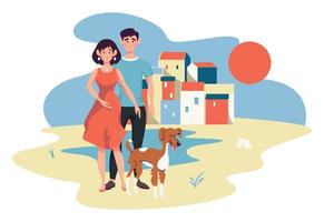 la pareja está paseando al perro vector