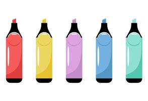 Vector set of colorful highlighter isolated on a white background. Marker pen. Colored engineering office marker vector illustration simple equipment school supplies subject secretarial tools.
