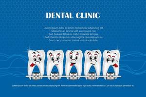 Ilustración vectorial 3d, dientes realistas con frenos en la mandíbula superior e inferior. alineación de la mordida de los dientes, dentición con frenos, frenos dentales. vector