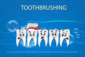 plantilla de banner de cartel 3d de vector de cepillado de dientes. dientes sanos y blancos sonrientes felices que cepillan con el cepillo de dientes. concepto de cuidado bucal, limpieza dental e higiene.