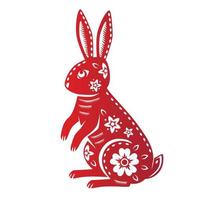 signo del zodiaco, año del conejo, con arte cortado en papel rojo sobre fondo de color blanco vector