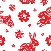 Seamless pattern with zodiac sign, year of the Rabbit, with red paper cut art on white color background vector