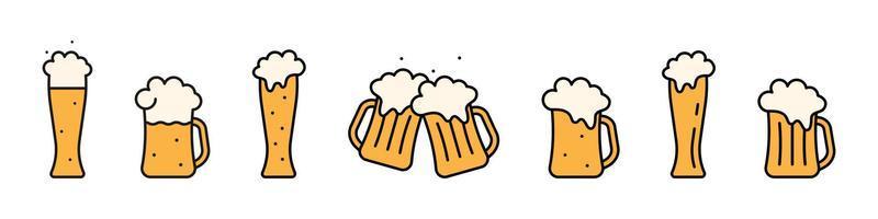 Mugs and glasses with beer icon. Yellow cup with refreshing drink with bubbles and white foam. Night beer pub emblem for vector design
