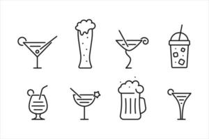 Popular cocktails and beer contour icon. Foamy drink in mugwith irish cream with figured foam in glass cup. Lemonade with ice in glass with lid. Bright pina colada with pineapple vector wedge