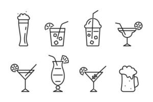 Black cocktails and beer icon. Contour drink in mugwith irish cream with figured foam in glass cup. Lemonade with ice in glass with lid. Popular pina colada with pineapple vector wedge