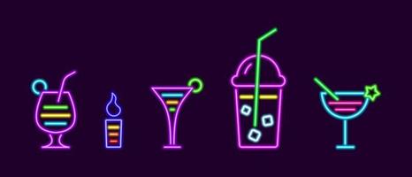 Linear cocktails and neon drinks. Glass with lemonade and ice cubes flaming tincture with irish cream with figured foam in glass cup. Purple pina colada with pineapple vector wedge