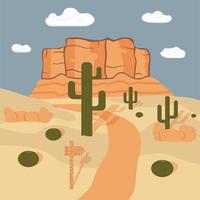 Arizona desert. Landscape with a road, rocks and cacti. Flat style. Vector illustration