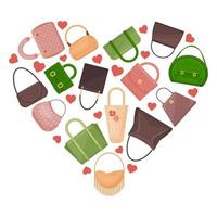 Cute many bags in heart form. Vector illustration. Cartoon style.