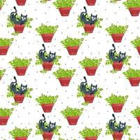 Funny cats and potted flowers. Cats are pranksters. Colorful seamless pattern. vector