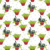 Funny cats and potted flowers. Cats are pranksters. Colorful seamless pattern. vector