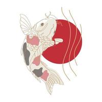dibujo de pez carpa koi con plantilla de diseño de círculo rojo, ilustración vectorial sobre fondo blanco. diseño abstracto de estilo japonés oriental con pez koi. diseño de logotipo art.minimal, portada, estampado de moda vector