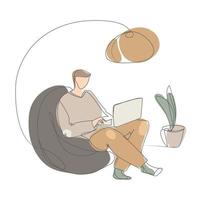 Young man freelancer working on laptop at home vector graphic.People at home in quarantine.Working at home concept illustration,continuous line drawing.Minimal art design