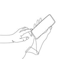 Continuous line drawing of hand using modern mobile phone.Human hands holding smartphone vector illustration.Minimalist art drawing isolated on white background.Modern gadgets