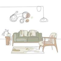 ilustración vectorial de dibujo manual interior moderno contemporáneo. diseño interior de una sala de estar en un estilo minimalista japonés con colores neutros naturales. dibujo lineal sobre un fondo blanco vector