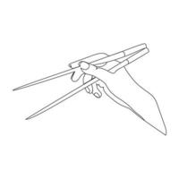 Hand holds chopsticks vector sketch illustration. Asian traditional cutlery.Continuous line drawing,minimal art style.Hand drawn illustration isolated on white background.