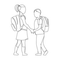 niños que van a la escuela con mochilas dibujo de línea continua, gráfico vectorial. niños y niñas escolares van a la escuela tomados de la mano, dibujo simple, ilustración en blanco y negro vector