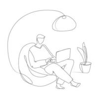 Freelancer working on laptop at home in quarantine continuous line drawing vector illustration.Working at home.Freelancing comfortable work in home.Hand drawn illustration isolated on white background