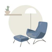 sillón de moda moderna con lámpara de pie y estante de plantas de interior, fragmento de vector interior de estilo escandinavo. Diseño interior de sala de estar. Afiche moderno colores neutros. arte minimalista