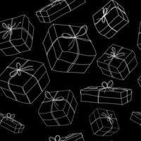 Gift boxes seamless pattern line drawing on black background.Seamless background with boxes outline doodle illustration.Vector design for wallpaper,packaging,textile,print vector