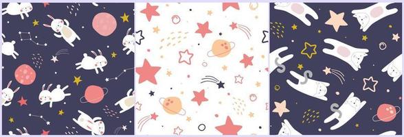 A set of seamless patterns with a starry sky, sleeping flying animals. Funny rabbit, cat, among the cosmos, planets, comets, constellations. Children's abstract space print. Vector graphics.