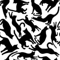 Seamless pattern of silhouettes of cats in different poses. Cute cats play, jump. Vector graphics.