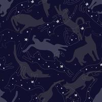 patrón impecable de siluetas de gatos con estrellas en diferentes poses. lindos gatos juegan, saltan en el espacio exterior. cielo de ensueño nocturno. gráficos vectoriales vector