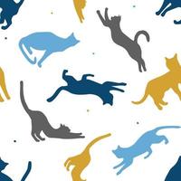 Seamless pattern of silhouettes of animal in different poses. Cute cats play, jump. Vector graphics.