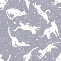 Seamless pattern of silhouettes of cats with stars in different poses. Cute cats play, jump in outer space. Night dream sky. Vector graphics.