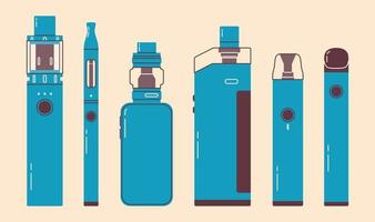 Vape colorful set. Electronic cigarettes and vape set. Modern vector illustration. Variety of designs vape pens and pod mods. Flat vector design for web.