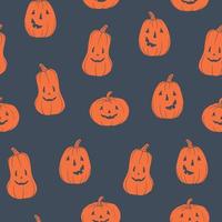 Pattern pumpkins. Main symbol of Halloween. Orange pumpkin with various funny faces. Template for your design. Hand drawn trendy vector seamless pattern. Square background, wallpaper