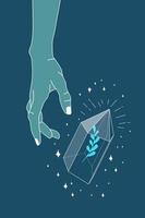 Hand holding crystal gem outline illustration. Magic crystal concept. Modern vector illustration. Transparent line art gem with leaf and stars. Minimalistic design for web.