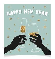 Happy new year cute greeting card line art illustration vector design. Invitation for party. Hands holding wine and champagne glasses. Cheers