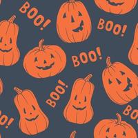 Pattern pumpkins. Main symbol of Halloween. Orange pumpkin with various funny faces. Template for your design. Hand drawn trendy vector seamless pattern. Square background, wallpaper