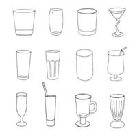 Set hand drawn glasses for alcoholic beverages isolated on a white background. Illustration in black and white graphic style, doodle. It can be used for decoration of textile, paper. vector