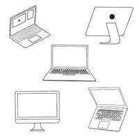 conjunto de garabatos de dispositivos digitales: computadora, escritorio, dibujado a mano. ilustración de dibujo vectorial aislada sobre fondo blanco. conjunto de vectores de tecnología informática de iconos dibujados a mano