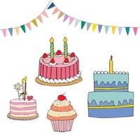 pastel rosa con velas. feliz cumpleaños, ilustración dibujada a mano. celebración de aniversario. vector para diseño de camisetas, tarjetas de tipografía y carteles.