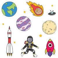 00071 Hand drawn space elements cartoon doodle. Vector illustration with space rockets, planets, stars.