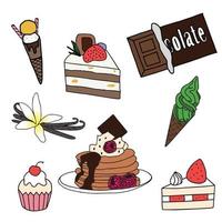 Set of sweets. Sweet pastries, cake, sweets, desserts. A collection of delicious, high-calorie food. Illustration in a cartoon flat style. Isolated on a white background vector