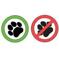 00067 Sign of no Dogs allowed and Dogs are welcome. Pet allowed symbol. Simple background print with green and red circle and line paw illustration. Isolated vector sign symbol.
