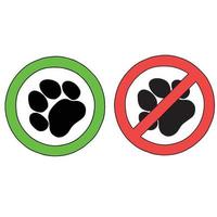 00067 Sign of no Dogs allowed and Dogs are welcome. Pet allowed symbol. Simple background print with green and red circle and line paw illustration. Isolated vector sign symbol.