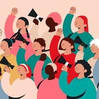 A crowd of protesters with fists in the air and megaphones at the demonstration. Color flat vector illustration
