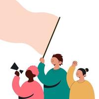 Crowd of protesters with fist raised and megaphone and flag at demonstration. Place for text. Vector illustration