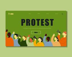 Landing page. A crowd of protesters with fists in the air and megaphones at the demonstration. Vector illustration